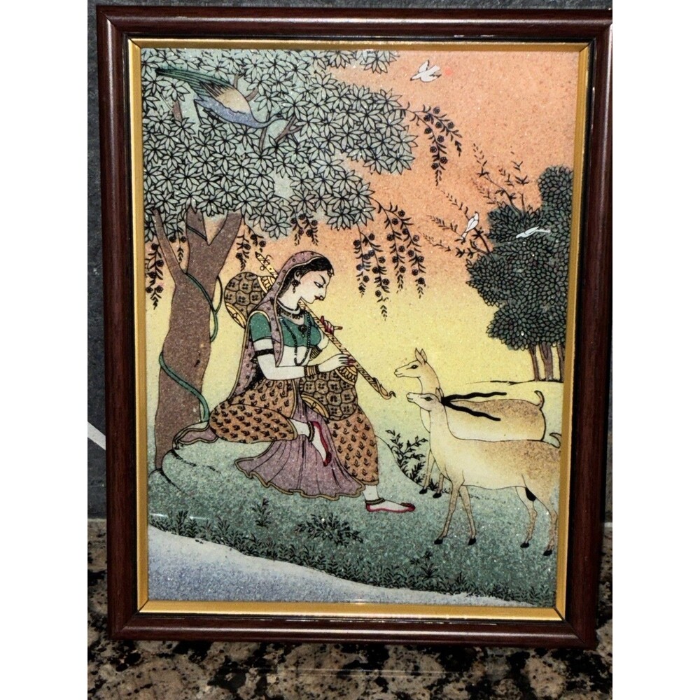 VTG Rajasthani Crushed Gemstone Painting Ragini Todi Mughal Lady Deer Framed 8x6